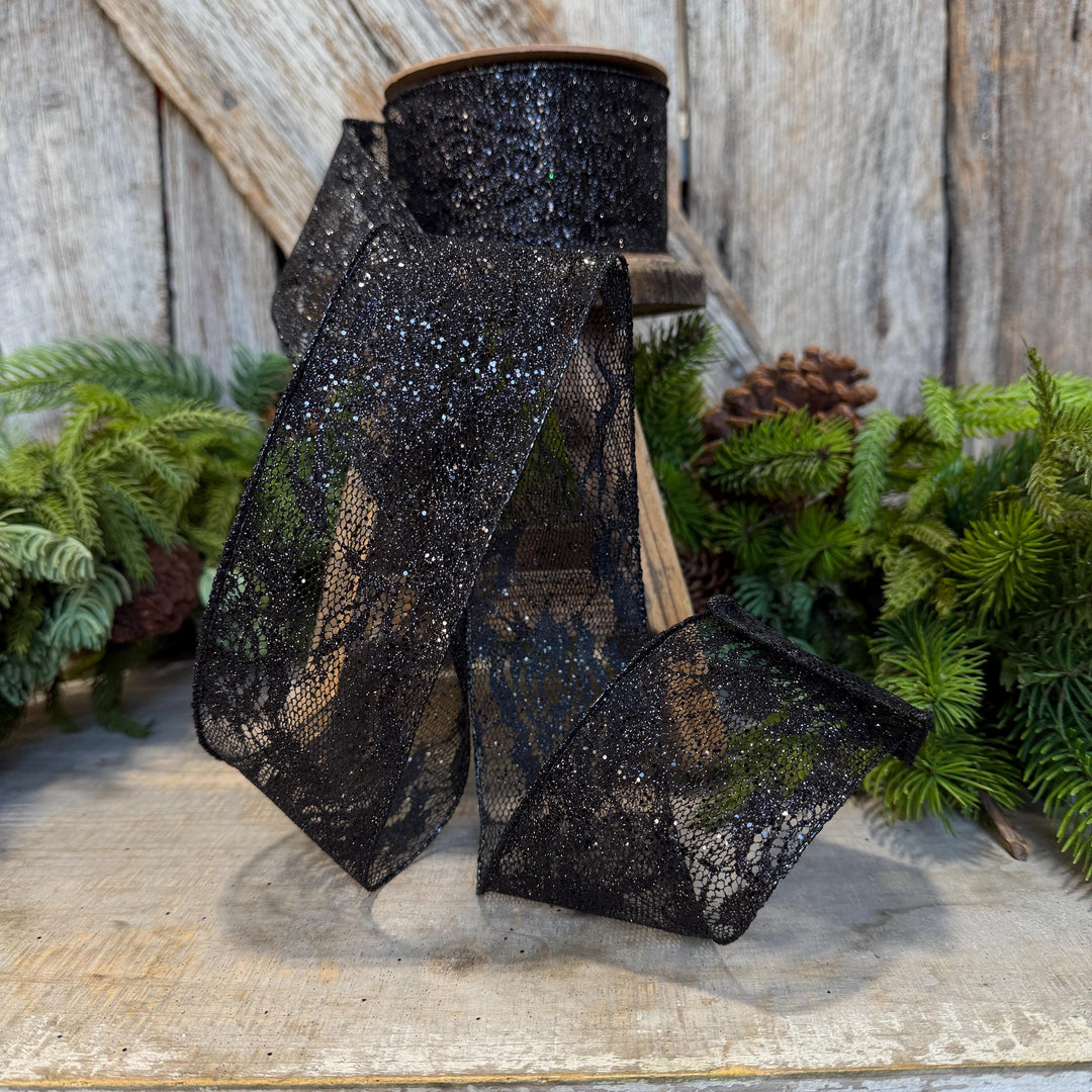 2.5" Black Glitter Lace ribbon, Halloween Ribbon, Black Halloween Lace Ribbon