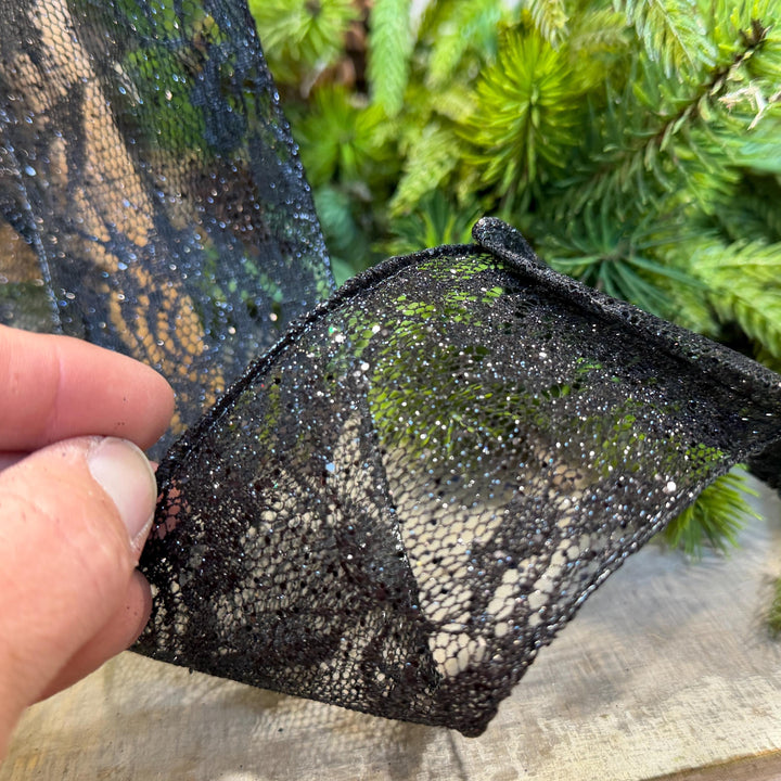 2.5" Black Glitter Lace ribbon, Halloween Ribbon, Black Halloween Lace Ribbon