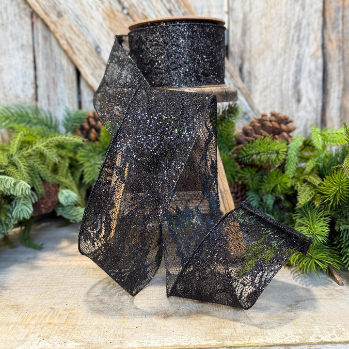 2.5" Black Glitter Lace ribbon, Halloween Ribbon, Black Halloween Lace Ribbon
