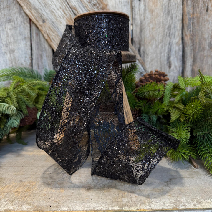 2.5" Black Glitter Lace ribbon, Halloween Ribbon, Black Halloween Lace Ribbon