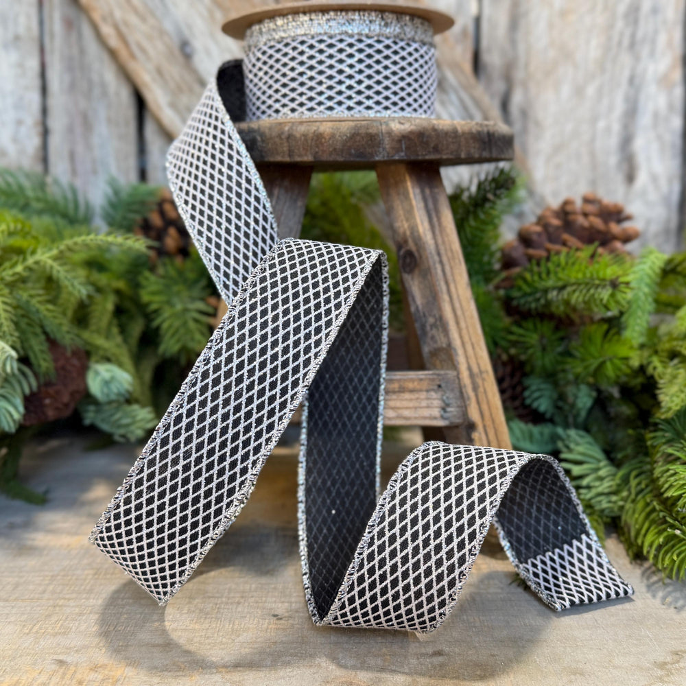 1.5" Black Silver Harlequin Ribbon, Halloween Ribbon