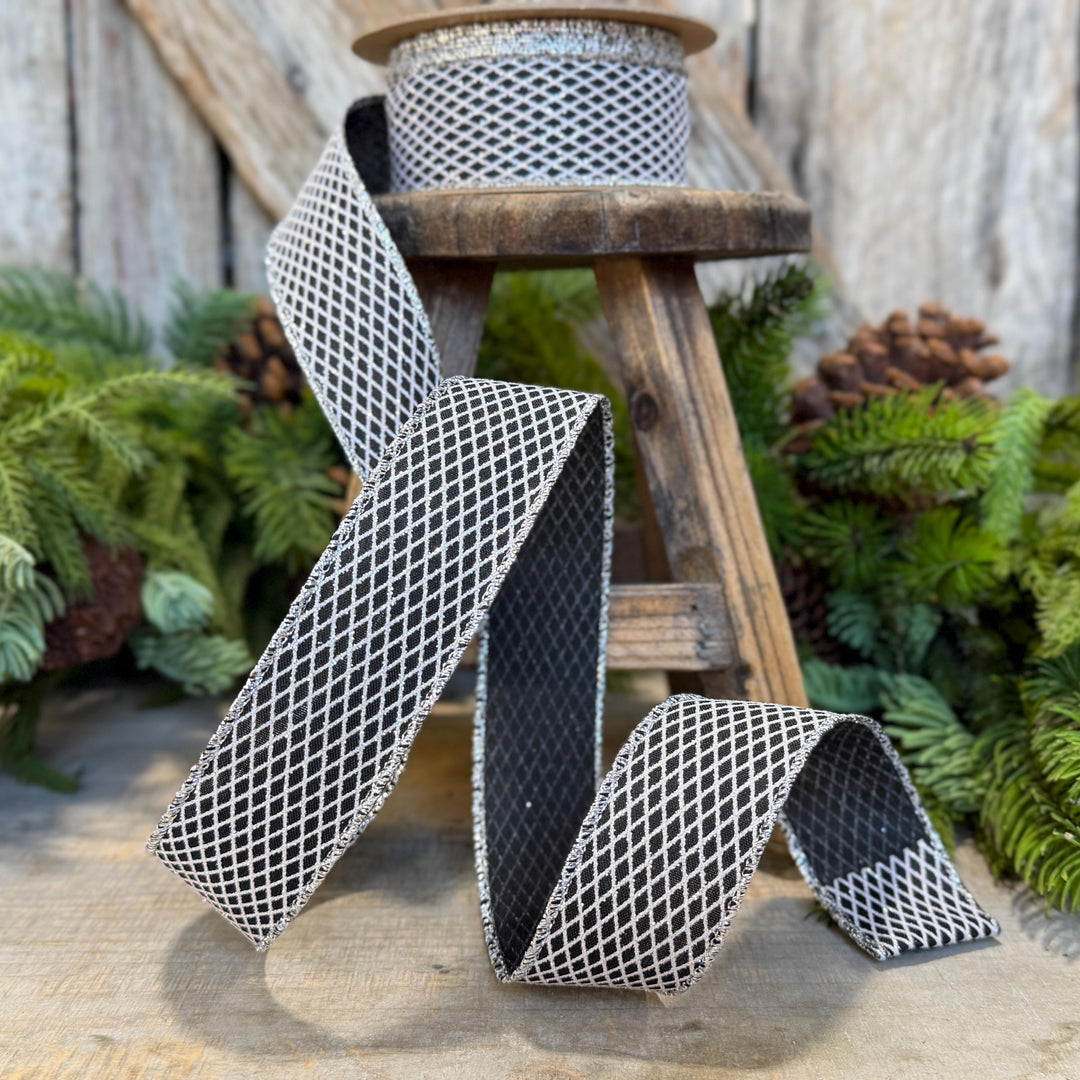 1.5" Black Silver Harlequin Ribbon, Halloween Ribbon