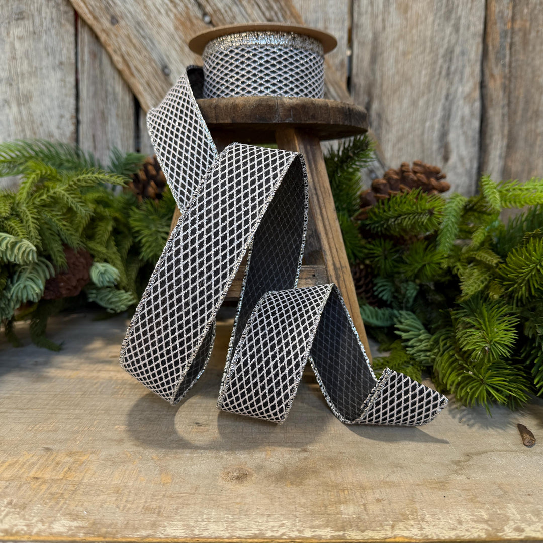 1.5" Black Silver Harlequin Ribbon, Halloween Ribbon