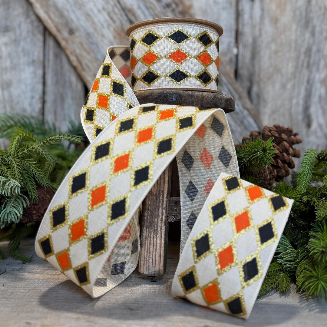 2.5" Harlequin Halloween Ribbon, Orange Black Ribbon