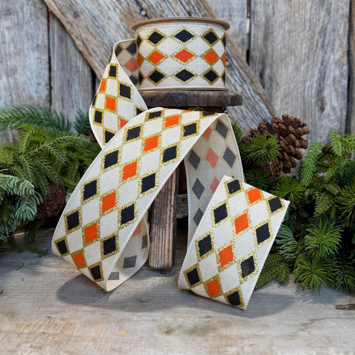 2.5" Harlequin Halloween Ribbon, Orange Black Ribbon
