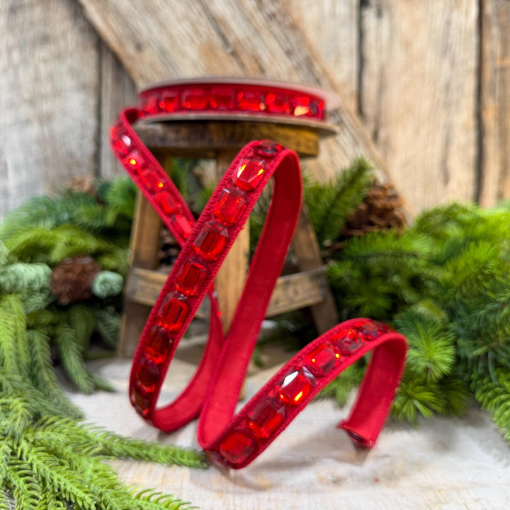 1" Red Jeweled Ribbon, Farrisilk Emerald Cut Ribbon, Christmas Ribbon, RJ017-02