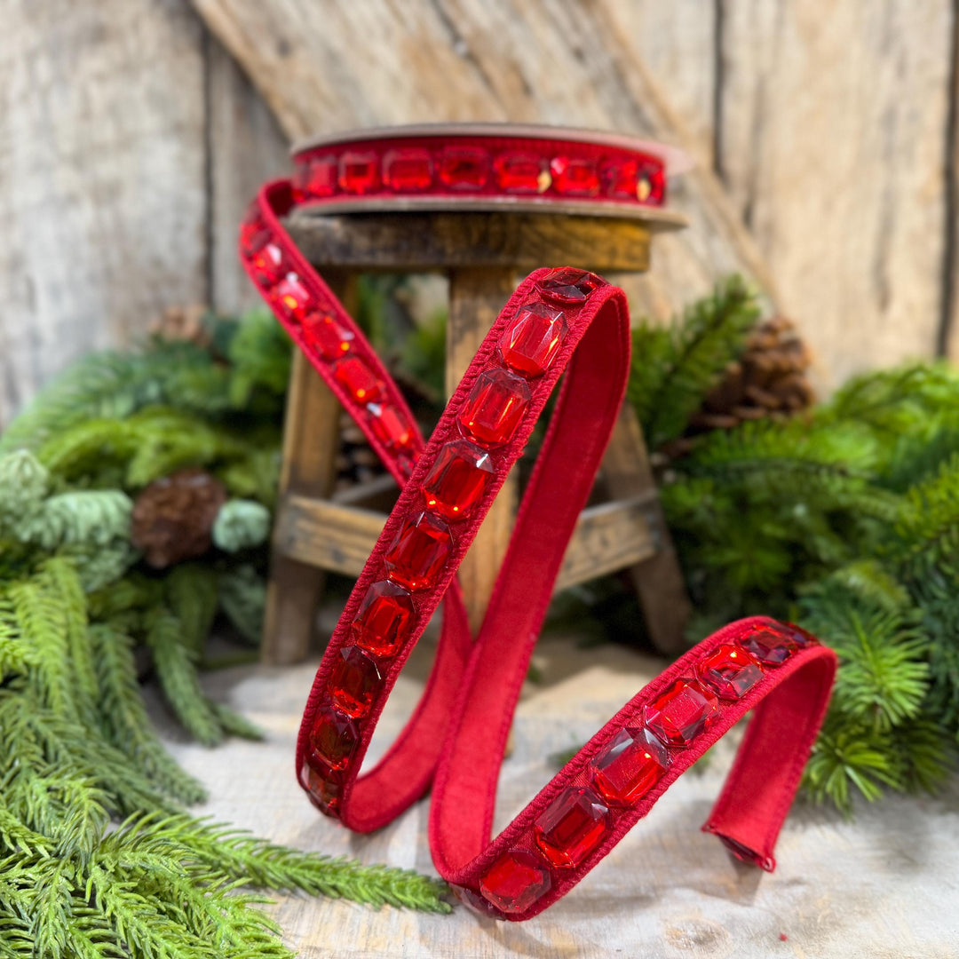 1" Red Jeweled Ribbon, Farrisilk Emerald Cut Ribbon, Christmas Ribbon, RJ017-02