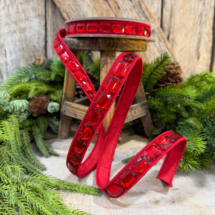 1" Red Jeweled Ribbon, Farrisilk Emerald Cut Ribbon, Christmas Ribbon, RJ017-02