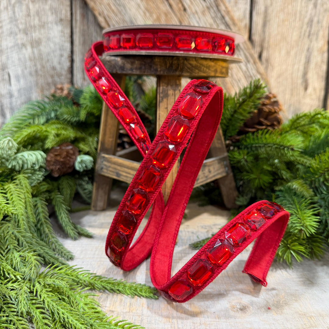 1" Red Jeweled Ribbon, Farrisilk Emerald Cut Ribbon, Christmas Ribbon, RJ017-02