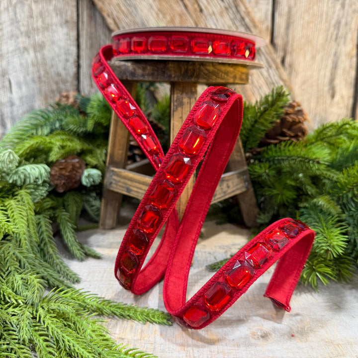 1" Red Jeweled Ribbon, Farrisilk Emerald Cut Ribbon, Christmas Ribbon, RJ017-02