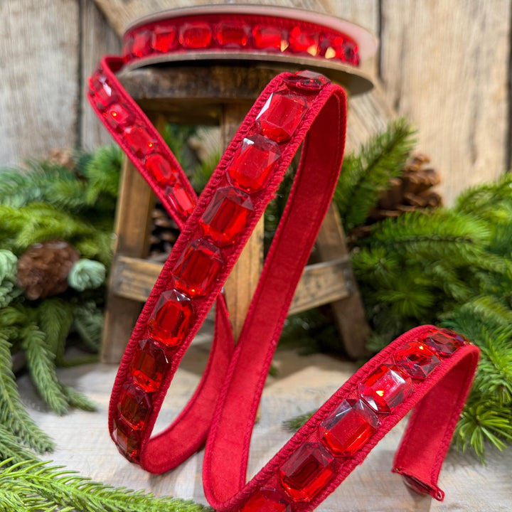 1" Red Jeweled Ribbon, Farrisilk Emerald Cut Ribbon, Christmas Ribbon, RJ017-02