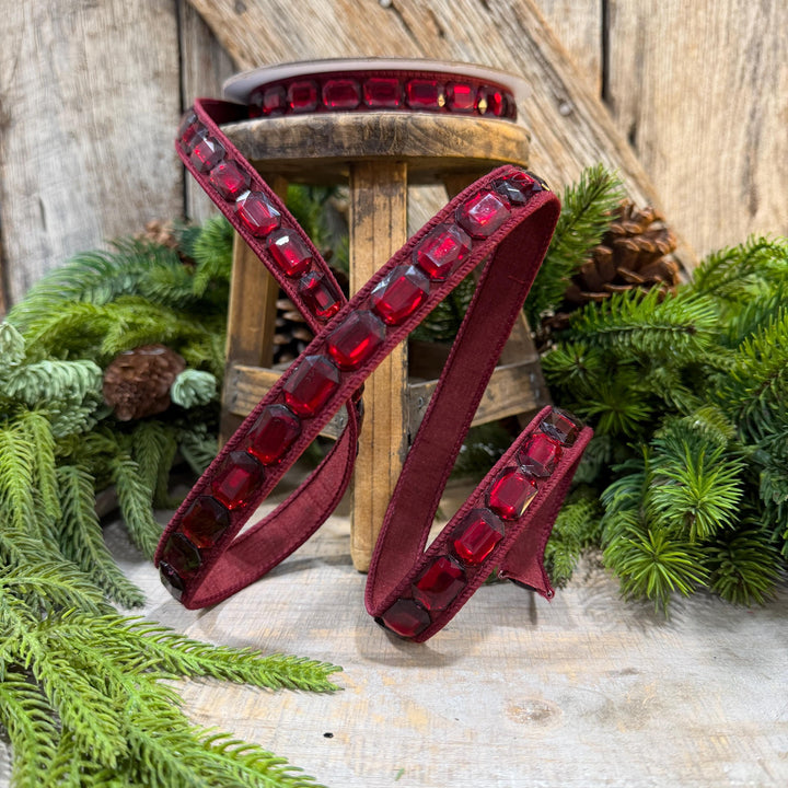 1" Burgundy Jeweled Ribbon, Farrisilk Emerald Cut Ribbon, Christmas Ribbon, RJ017-11