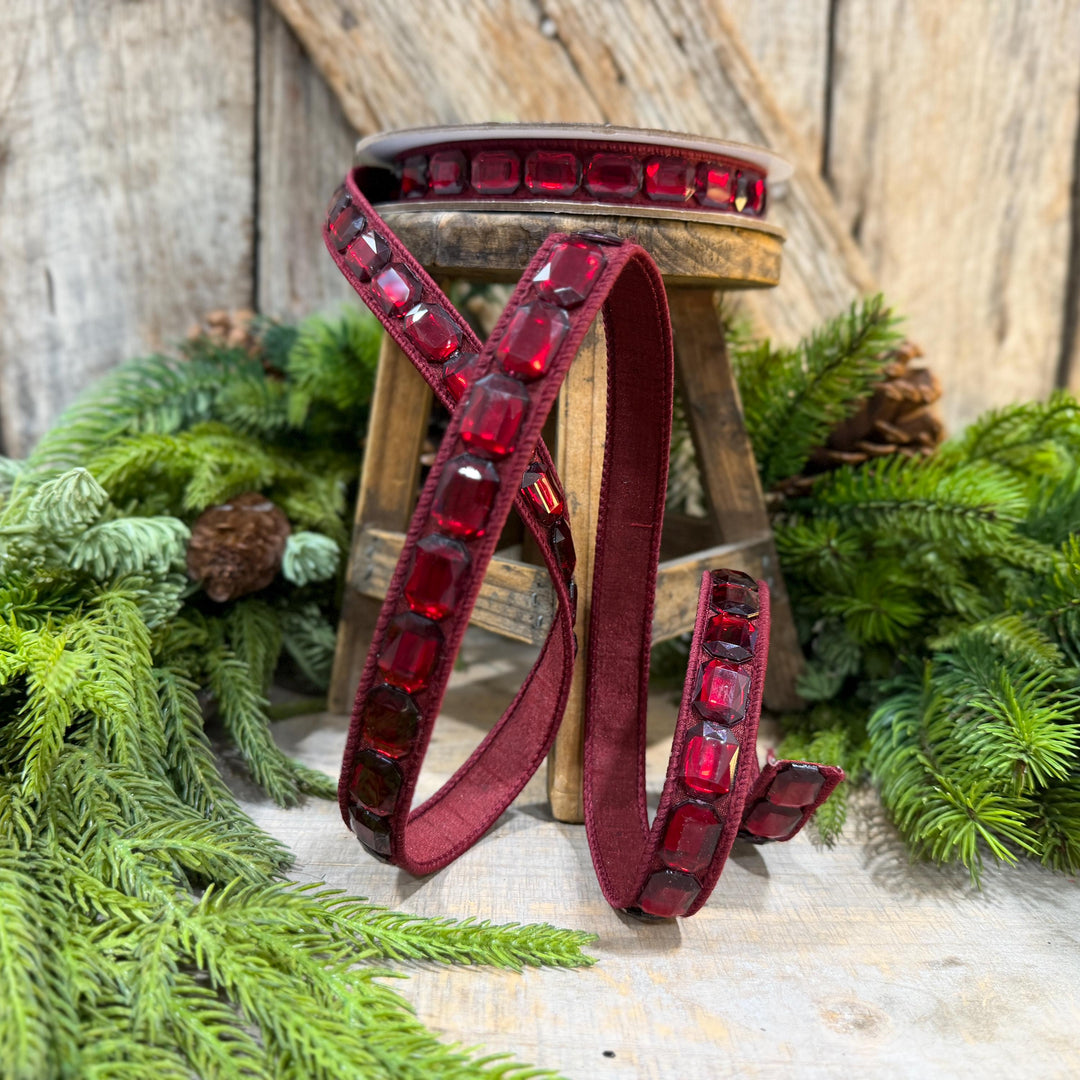 1" Burgundy Jeweled Ribbon, Farrisilk Emerald Cut Ribbon, Christmas Ribbon, RJ017-11