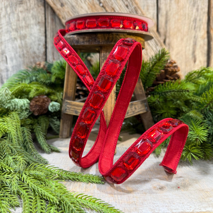 1" Red Jeweled Ribbon, Farrisilk Emerald Cut Ribbon, Christmas Ribbon, RJ017-02