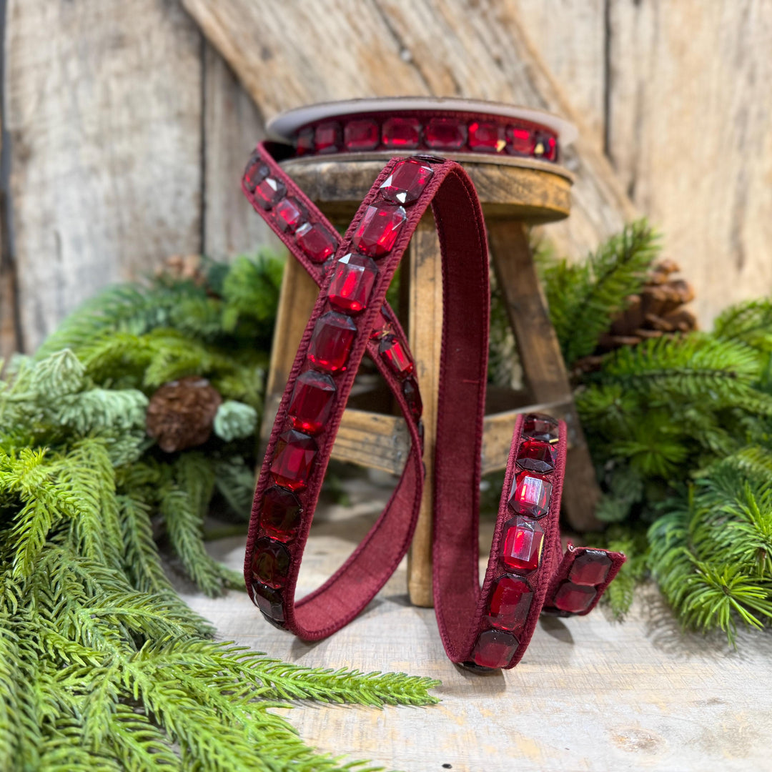 1" Burgundy Jeweled Ribbon, Farrisilk Emerald Cut Ribbon, Christmas Ribbon, RJ017-11