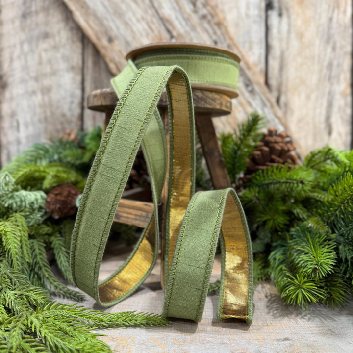 1" Moss Green Ribbon, Green and Gold Ribbon, Fall Ribbon, Christmas Ribbon