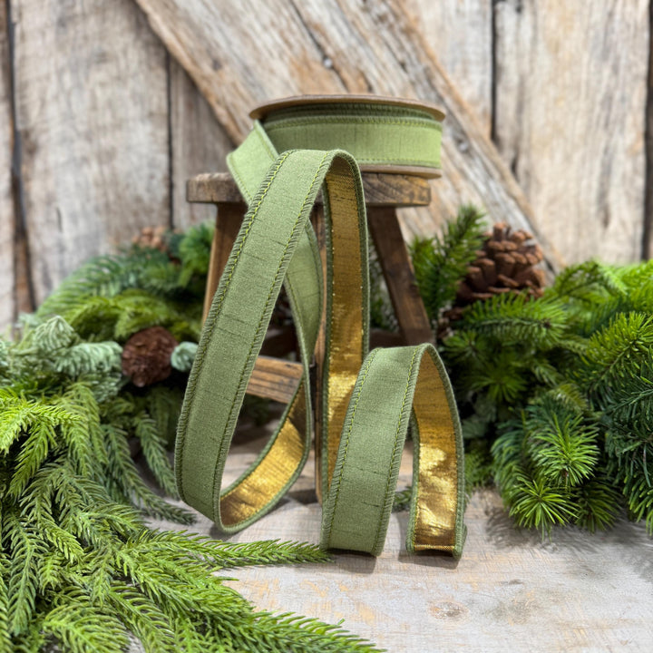 1" Moss Green Ribbon, Green and Gold Ribbon, Fall Ribbon, Christmas Ribbon