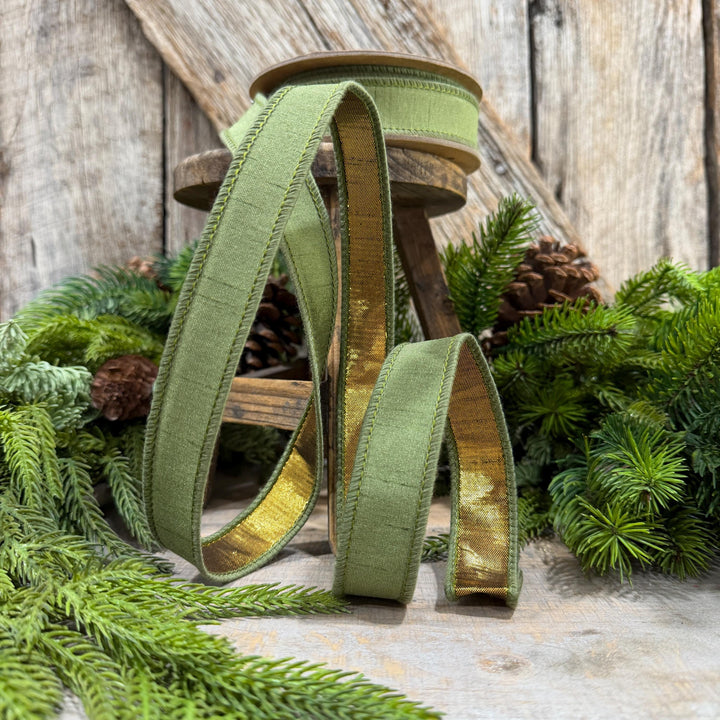 1" Moss Green Ribbon, Green and Gold Ribbon, Fall Ribbon, Christmas Ribbon