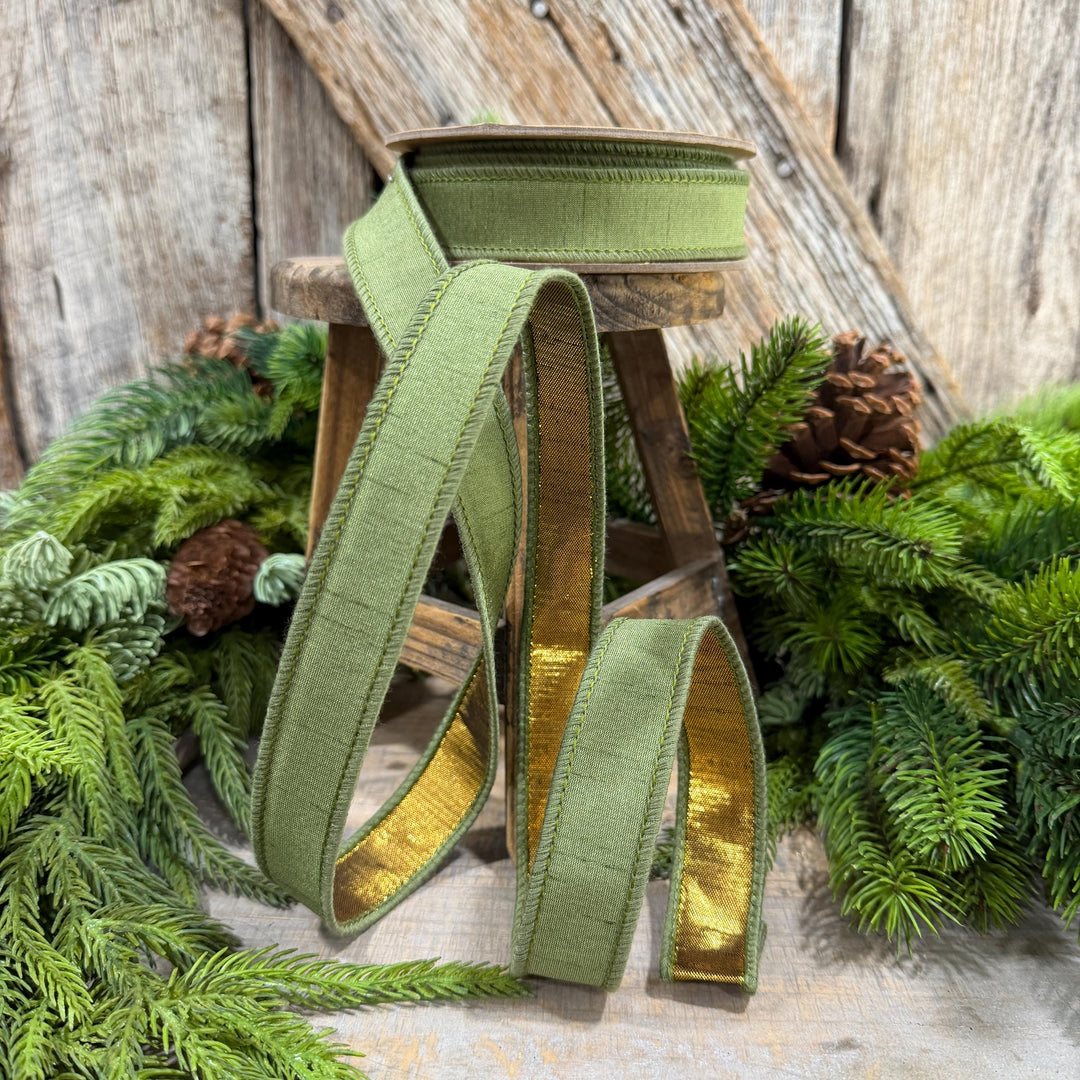 1" Moss Green Ribbon, Green and Gold Ribbon, Fall Ribbon, Christmas Ribbon