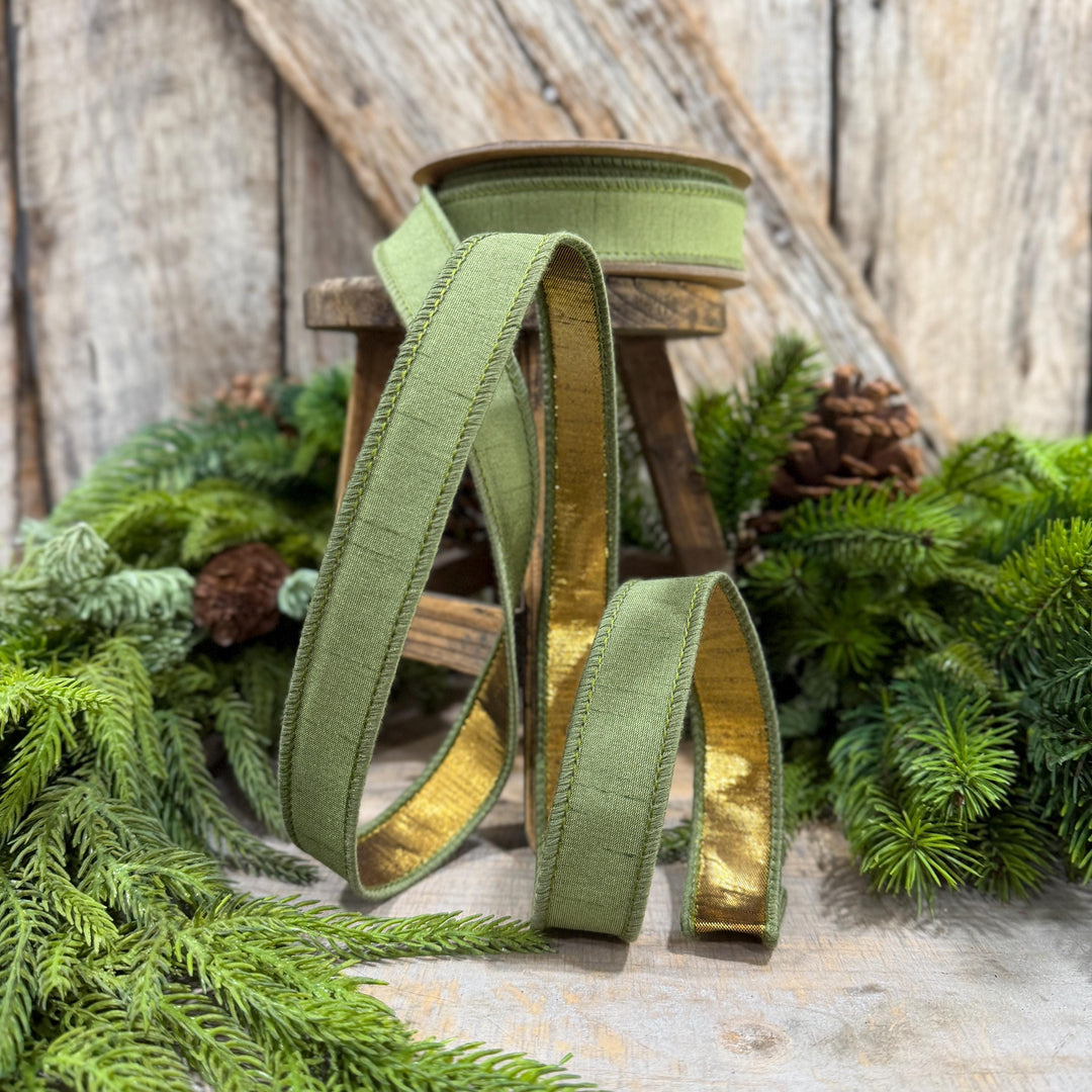 1" Moss Green Ribbon, Green and Gold Ribbon, Fall Ribbon, Christmas Ribbon