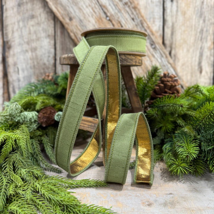 1" Moss Green Ribbon, Green and Gold Ribbon, Fall Ribbon, Christmas Ribbon