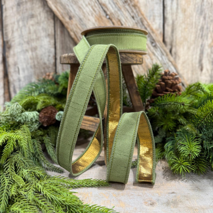 1" Moss Green Ribbon, Green and Gold Ribbon, Fall Ribbon, Christmas Ribbon