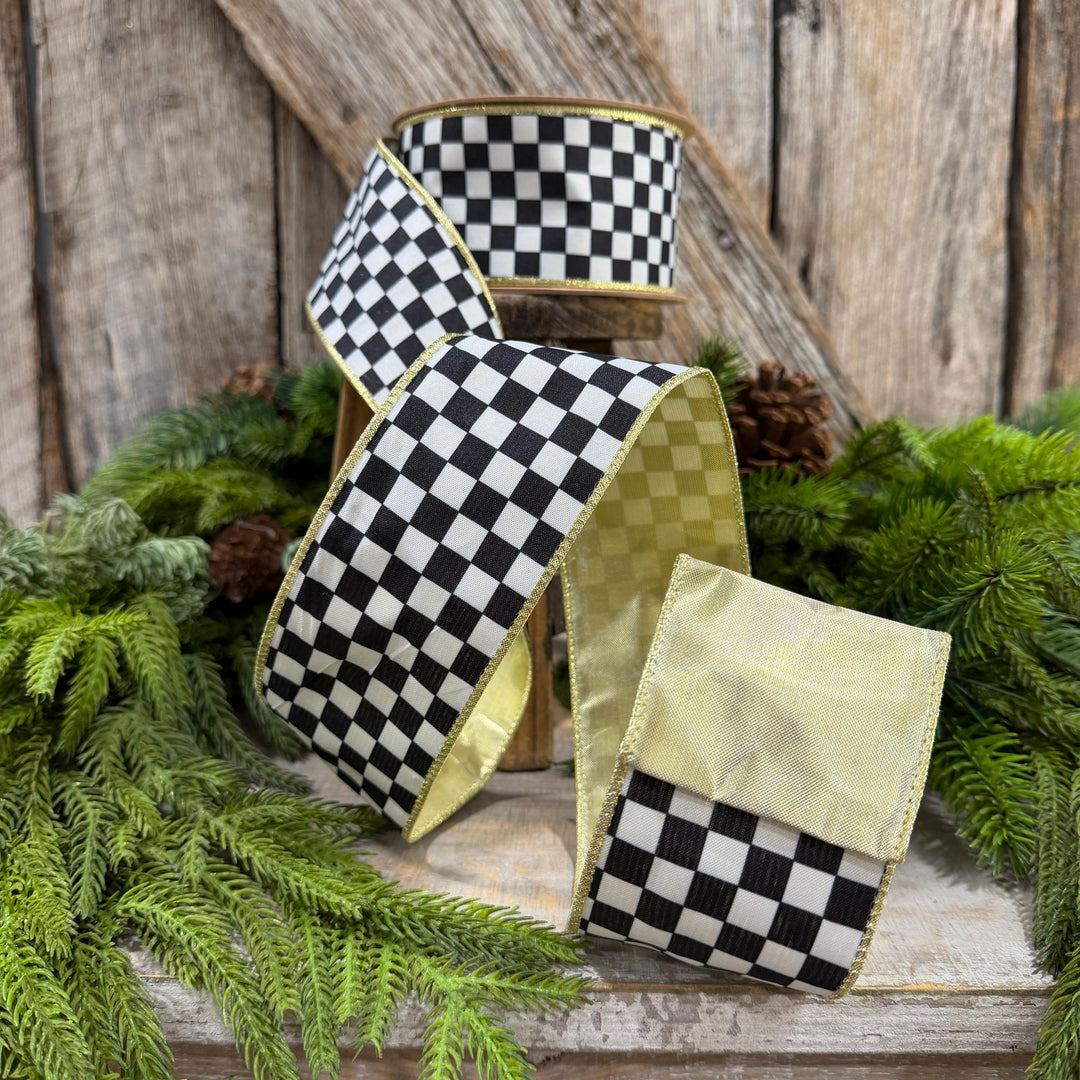 2.5" Black and White Check Ribbon, Christmas Ribbon