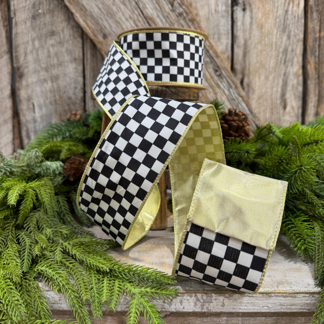 2.5" Black and White Check Ribbon, Christmas Ribbon