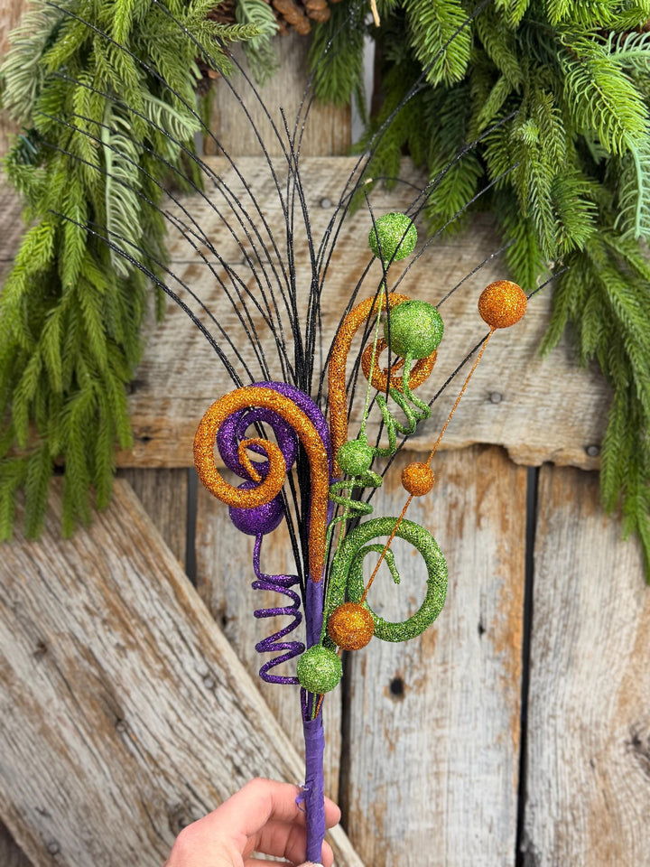 18" Halloween Curly Spray, Halloween Glitter Pick, Halloween Floral