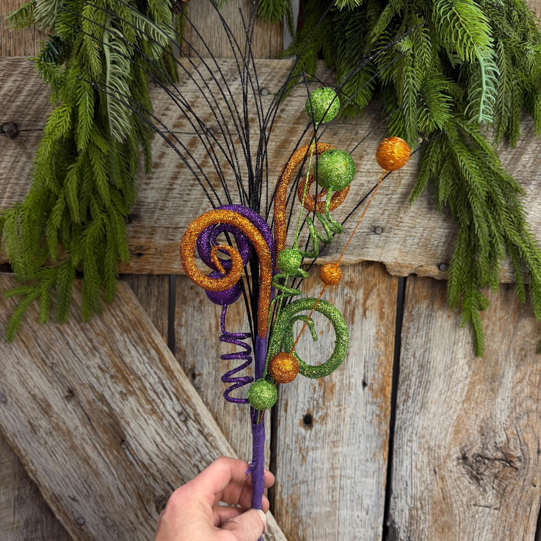 18" Halloween Curly Spray, Halloween Glitter Pick, Halloween Floral