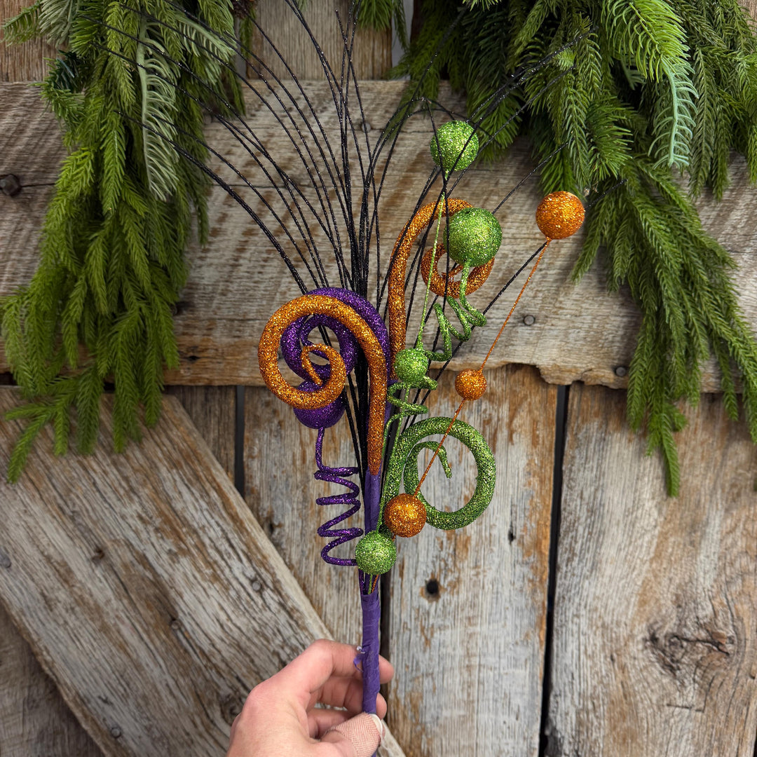 18" Halloween Curly Spray, Halloween Glitter Pick, Halloween Floral