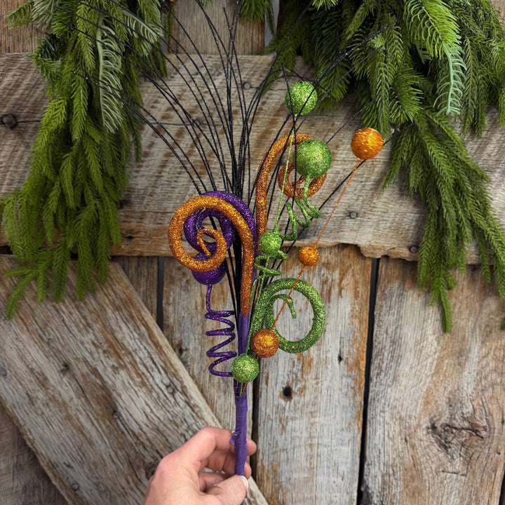 18" Halloween Curly Spray, Halloween Glitter Pick, Halloween Floral