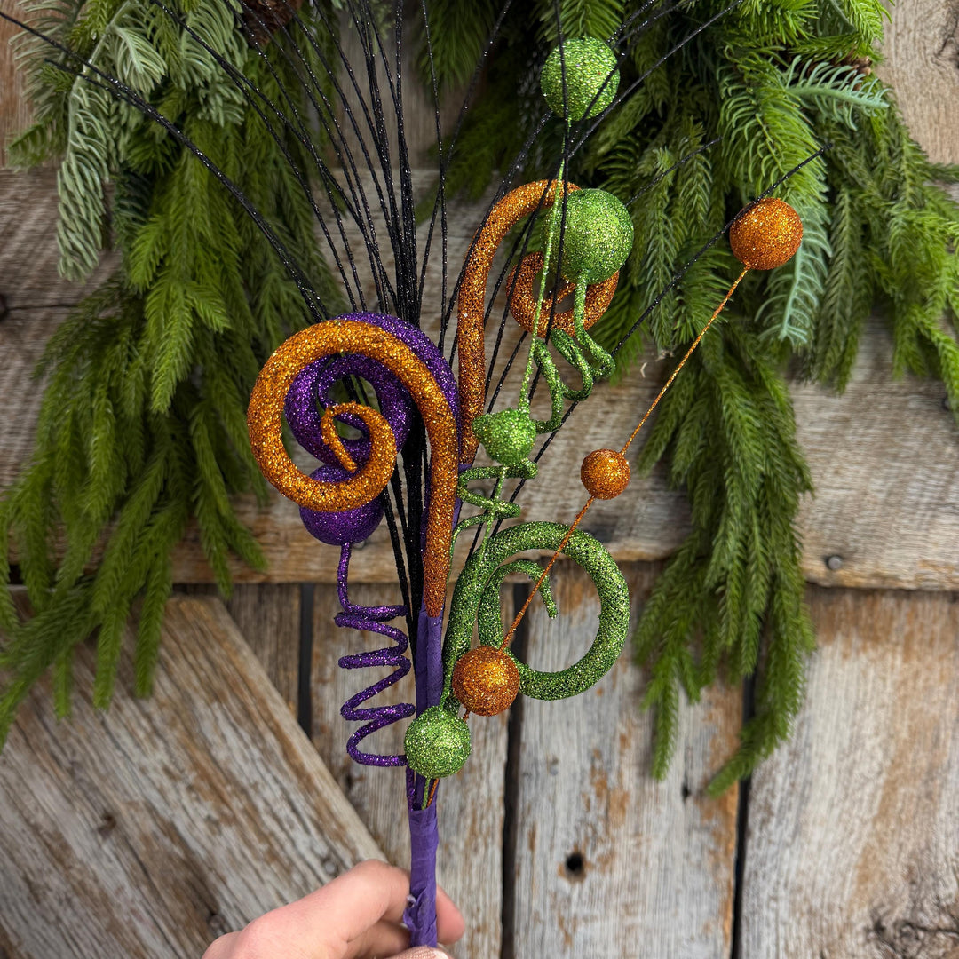 18" Halloween Curly Spray, Halloween Glitter Pick, Halloween Floral