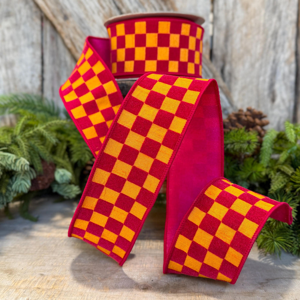 2.5" Pink Orange Retro Checks Ribbon, Farrisilk Ribbon, Flocked Ribbon, Halloween Ribbon