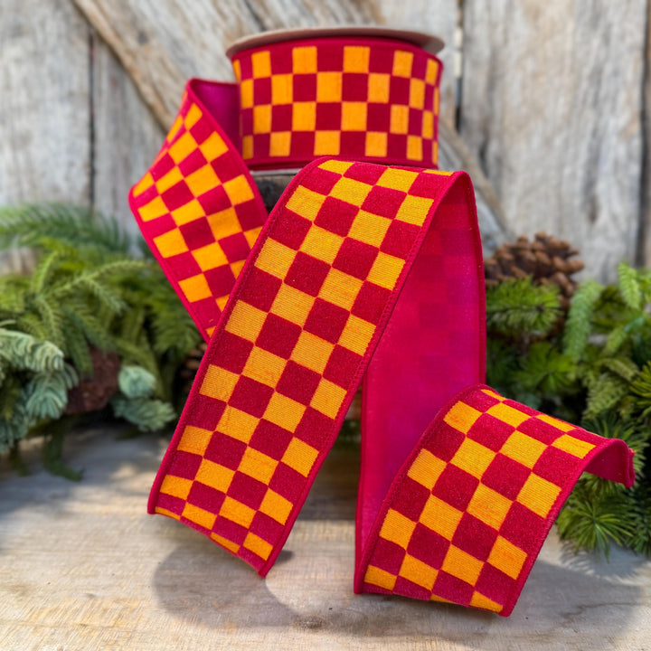2.5" Pink Orange Retro Checks Ribbon, Farrisilk Ribbon, Flocked Ribbon, Halloween Ribbon