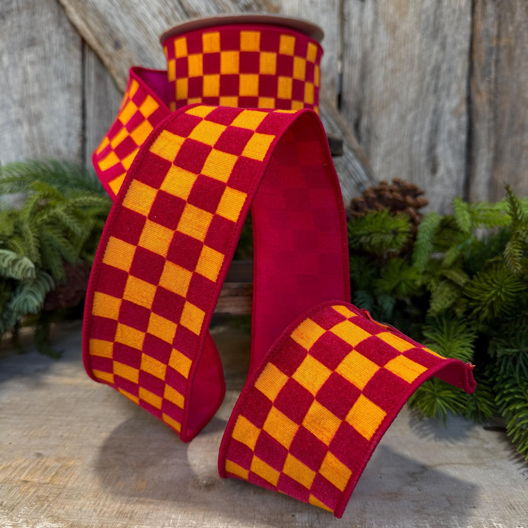 2.5" Pink Orange Retro Checks Ribbon, Farrisilk Ribbon, Flocked Ribbon, Halloween Ribbon