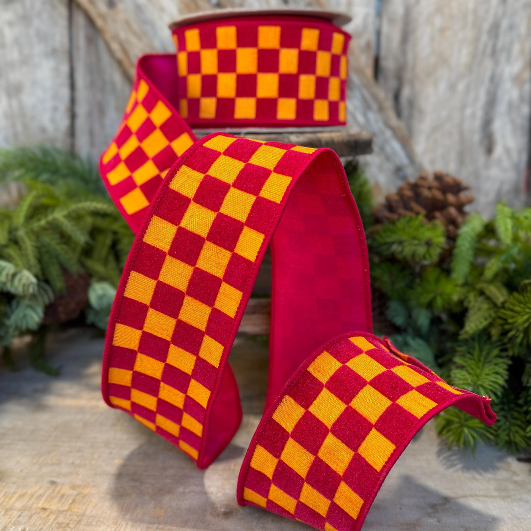 2.5" Pink Orange Retro Checks Ribbon, Farrisilk Ribbon, Flocked Ribbon, Halloween Ribbon