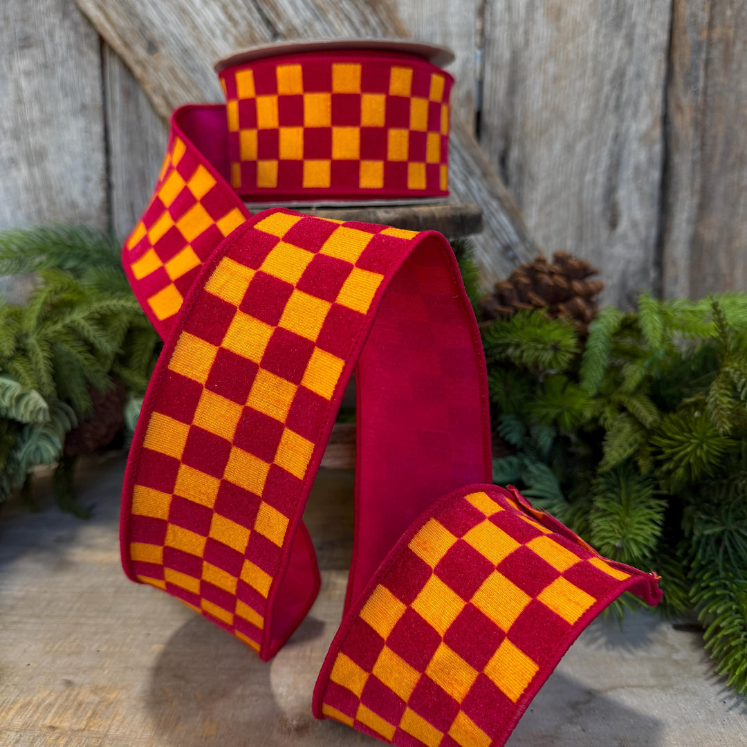 2.5" Pink Orange Retro Checks Ribbon, Farrisilk Ribbon, Flocked Ribbon, Halloween Ribbon