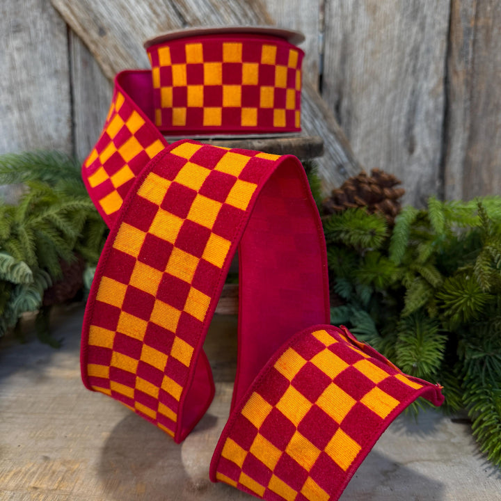2.5" Pink Orange Retro Checks Ribbon, Farrisilk Ribbon, Flocked Ribbon, Halloween Ribbon