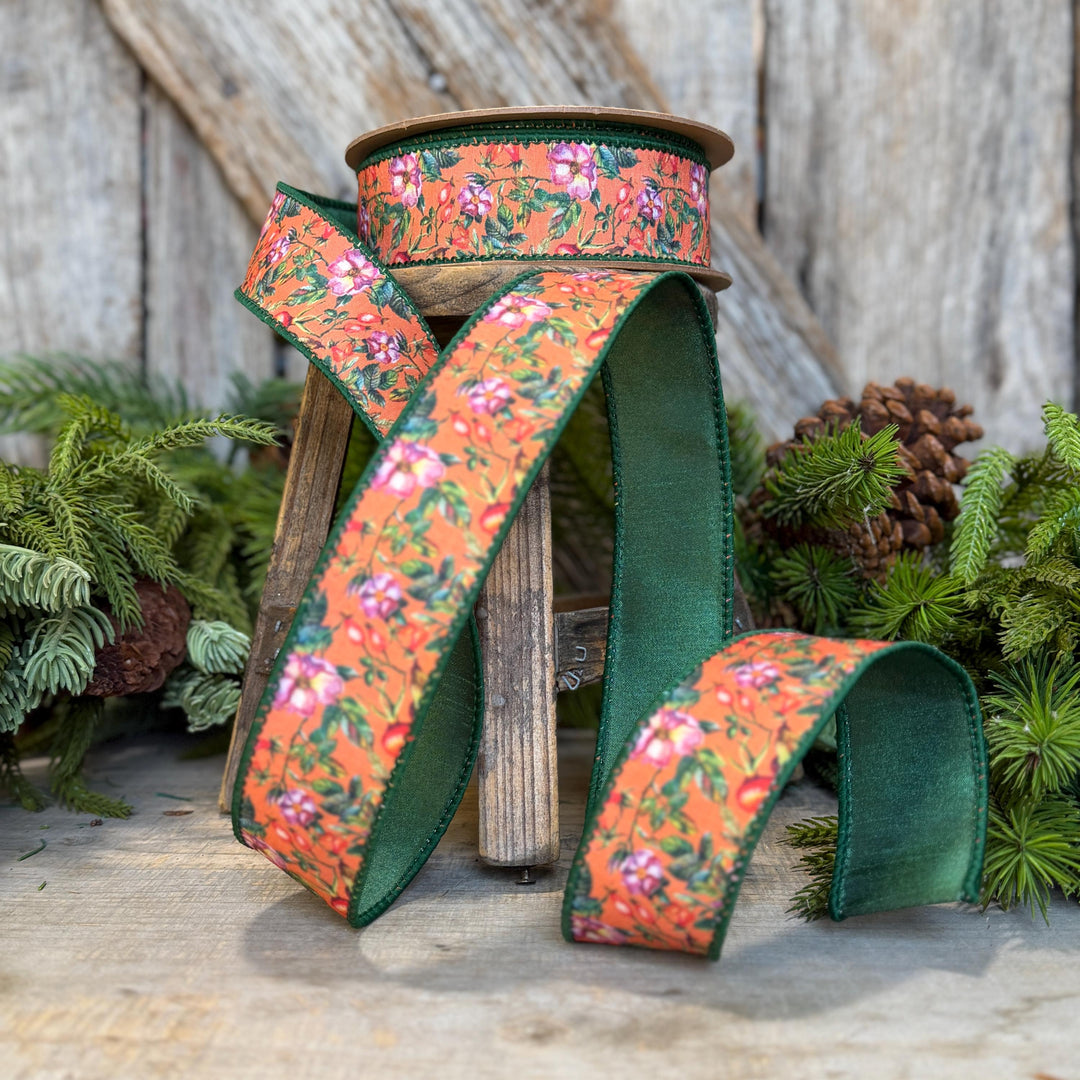 1.5" Fall Floral Ribbon, Orange Fall Ribbon