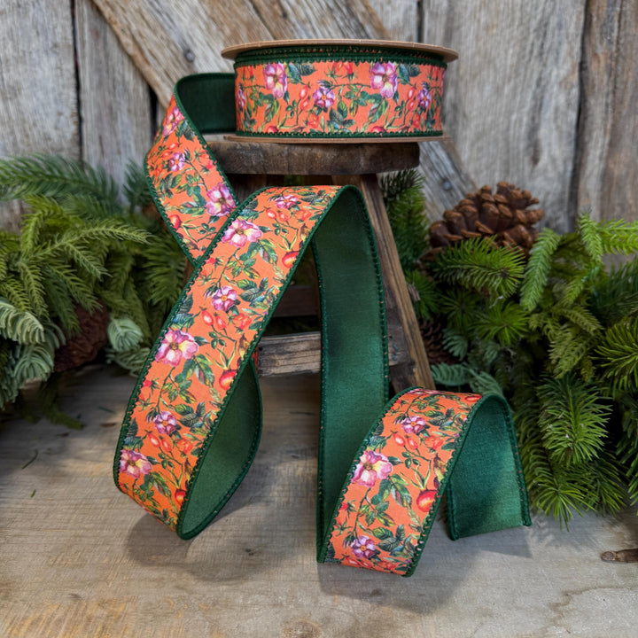 1.5" Fall Floral Ribbon, Orange Fall Ribbon