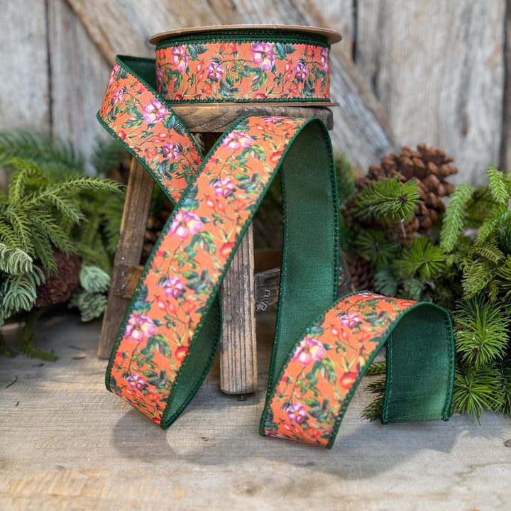 1.5" Fall Floral Ribbon, Orange Fall Ribbon