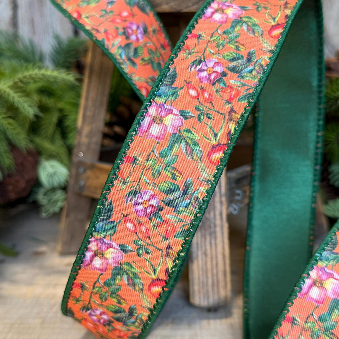 1.5" Fall Floral Ribbon, Orange Fall Ribbon