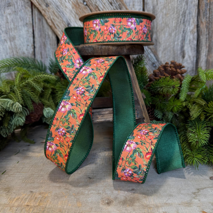 1.5" Fall Floral Ribbon, Orange Fall Ribbon
