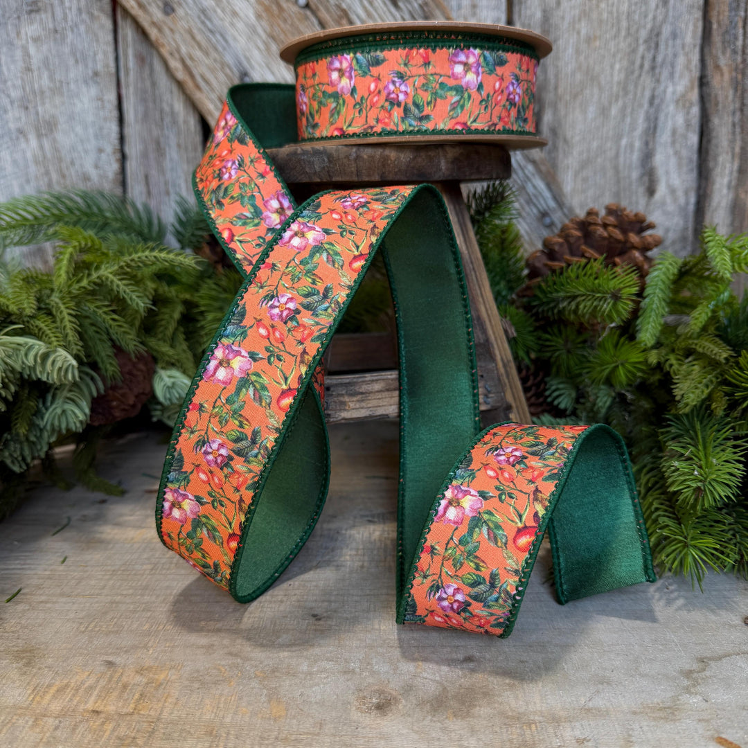 1.5" Fall Floral Ribbon, Orange Fall Ribbon