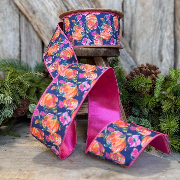 2.5" Pumpkin floral ribbon, Fall Ribbon, Pumpkin Ribbon