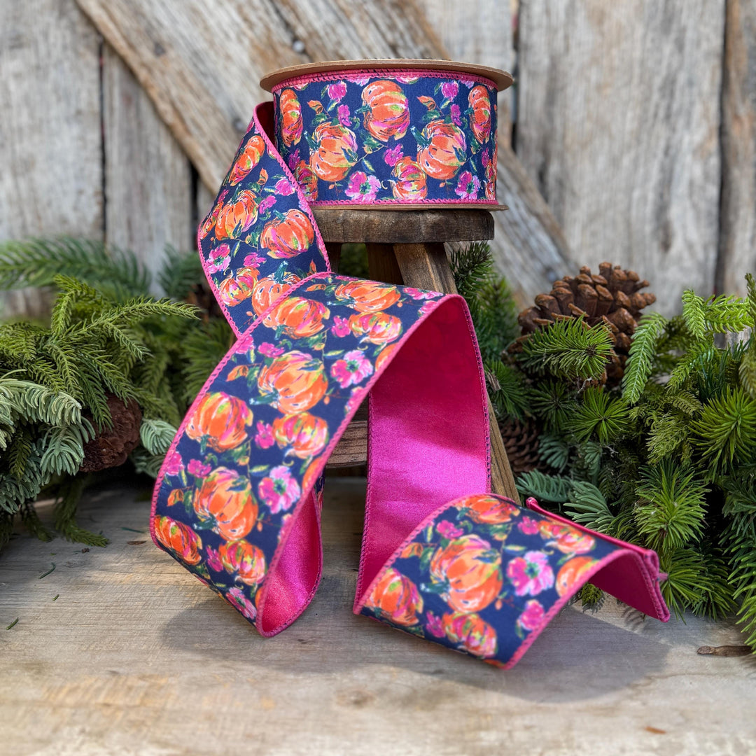 2.5" Pumpkin floral ribbon, Fall Ribbon, Pumpkin Ribbon