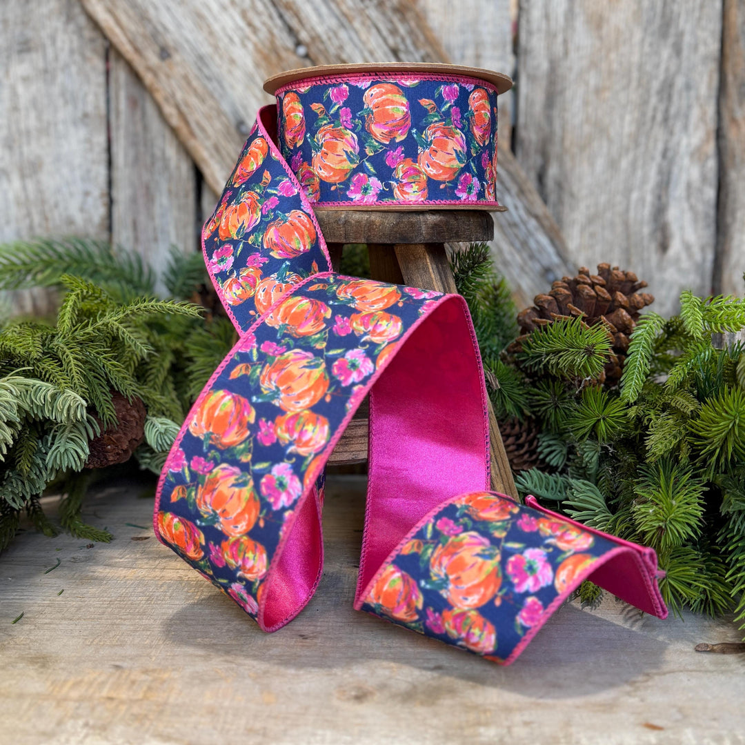 2.5" Pumpkin floral ribbon, Fall Ribbon, Pumpkin Ribbon