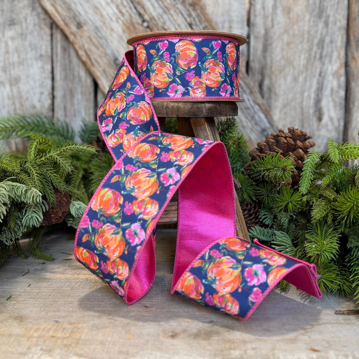 2.5" Pumpkin floral ribbon, Fall Ribbon, Pumpkin Ribbon