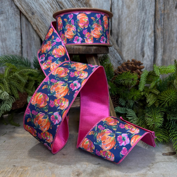2.5" Pumpkin floral ribbon, Fall Ribbon, Pumpkin Ribbon